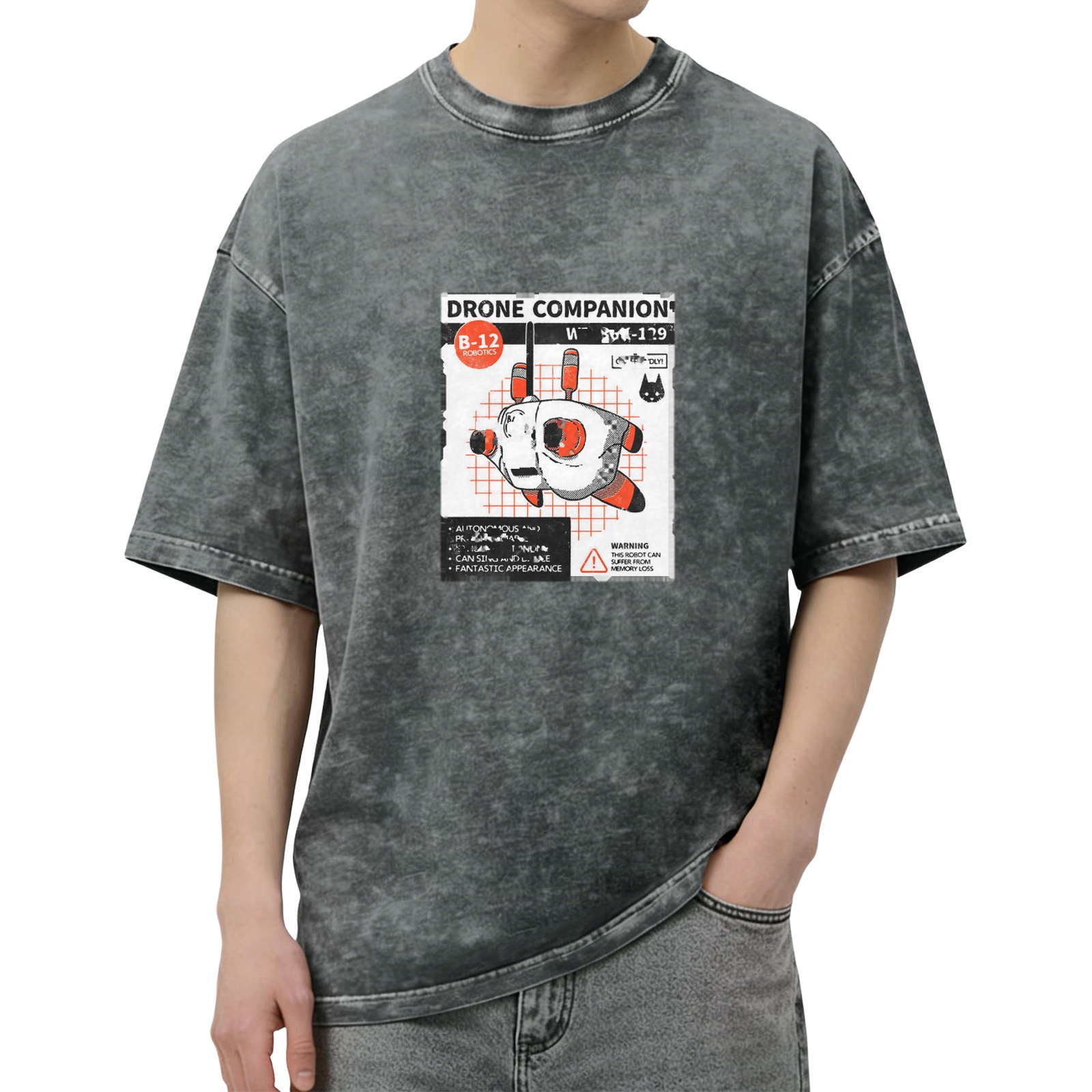 Oversized Black Stonewashed T-Shirt with Drone Companion Graphic Print