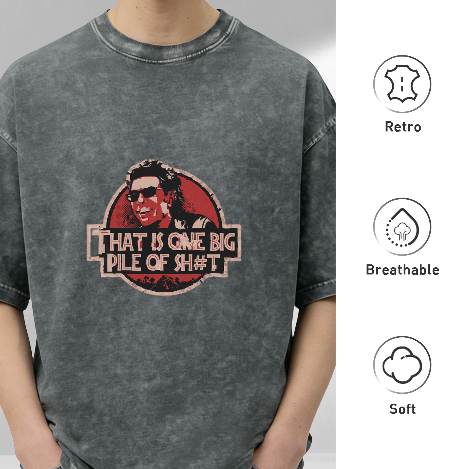 Washed Graphic T-Shirt with Jurassic Park Inspired Quote Print