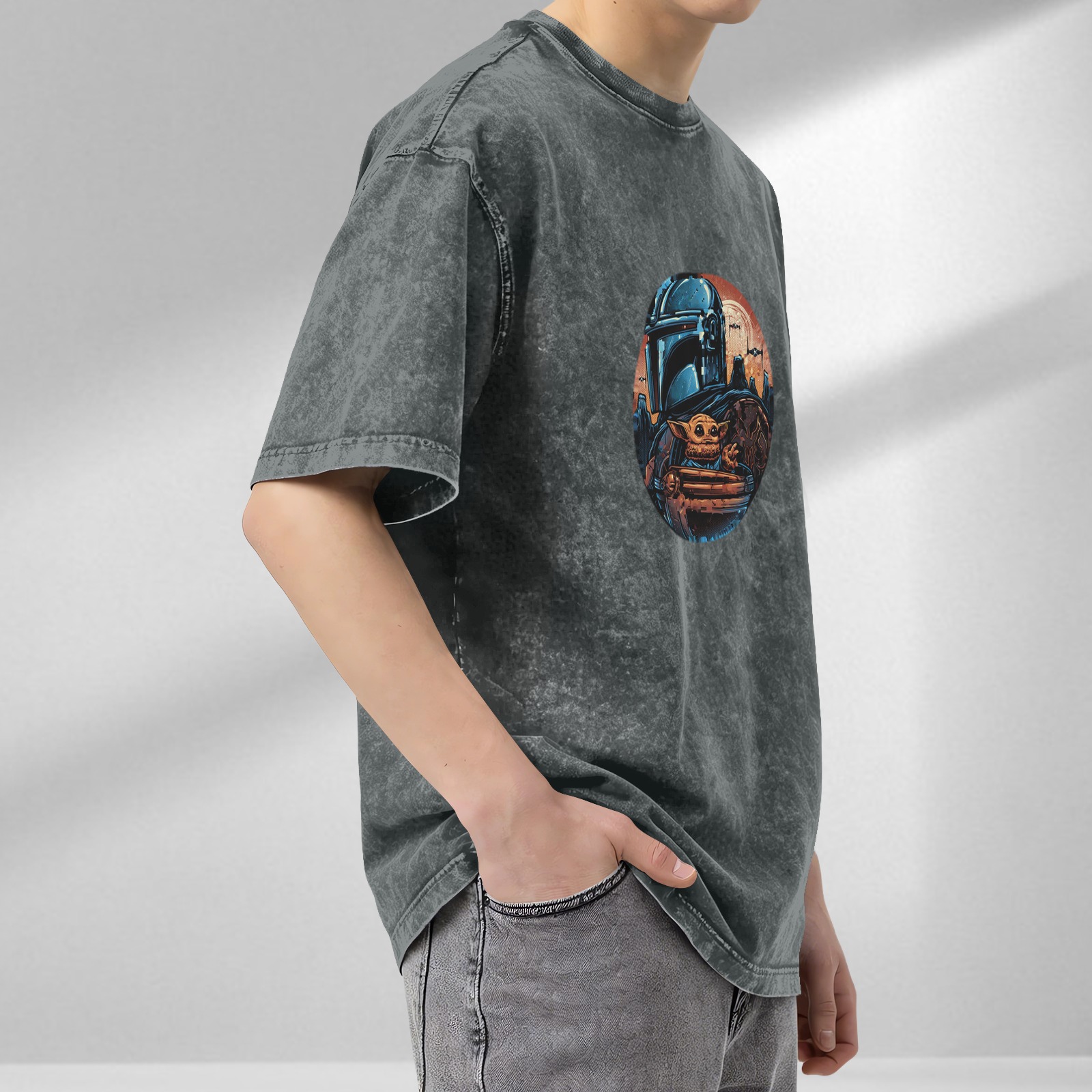 Star Wars The Mandalorian and Grogu Graphic Black Wash T-Shirt