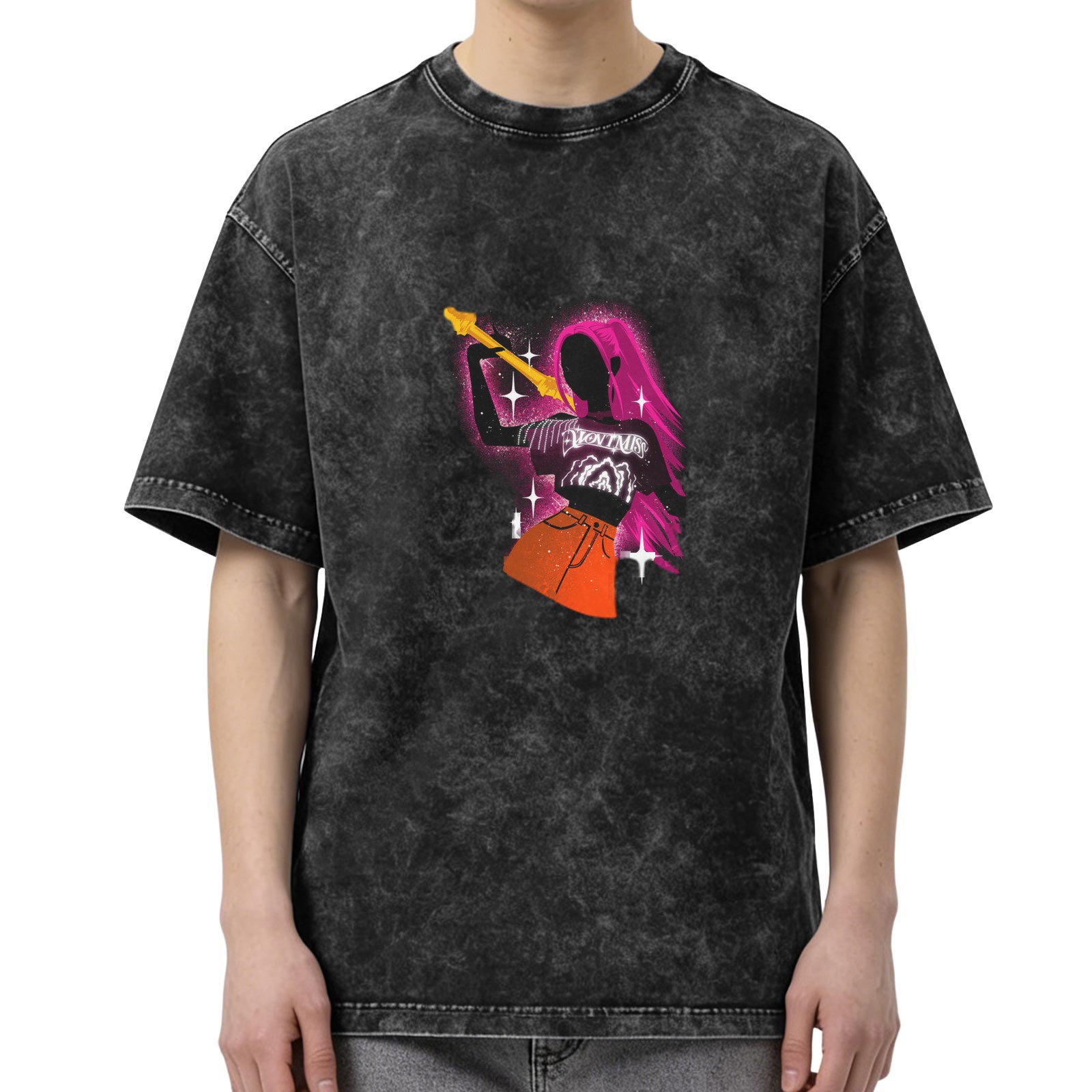 Washed black oversized graphic t-shirt with rock star silhouette print