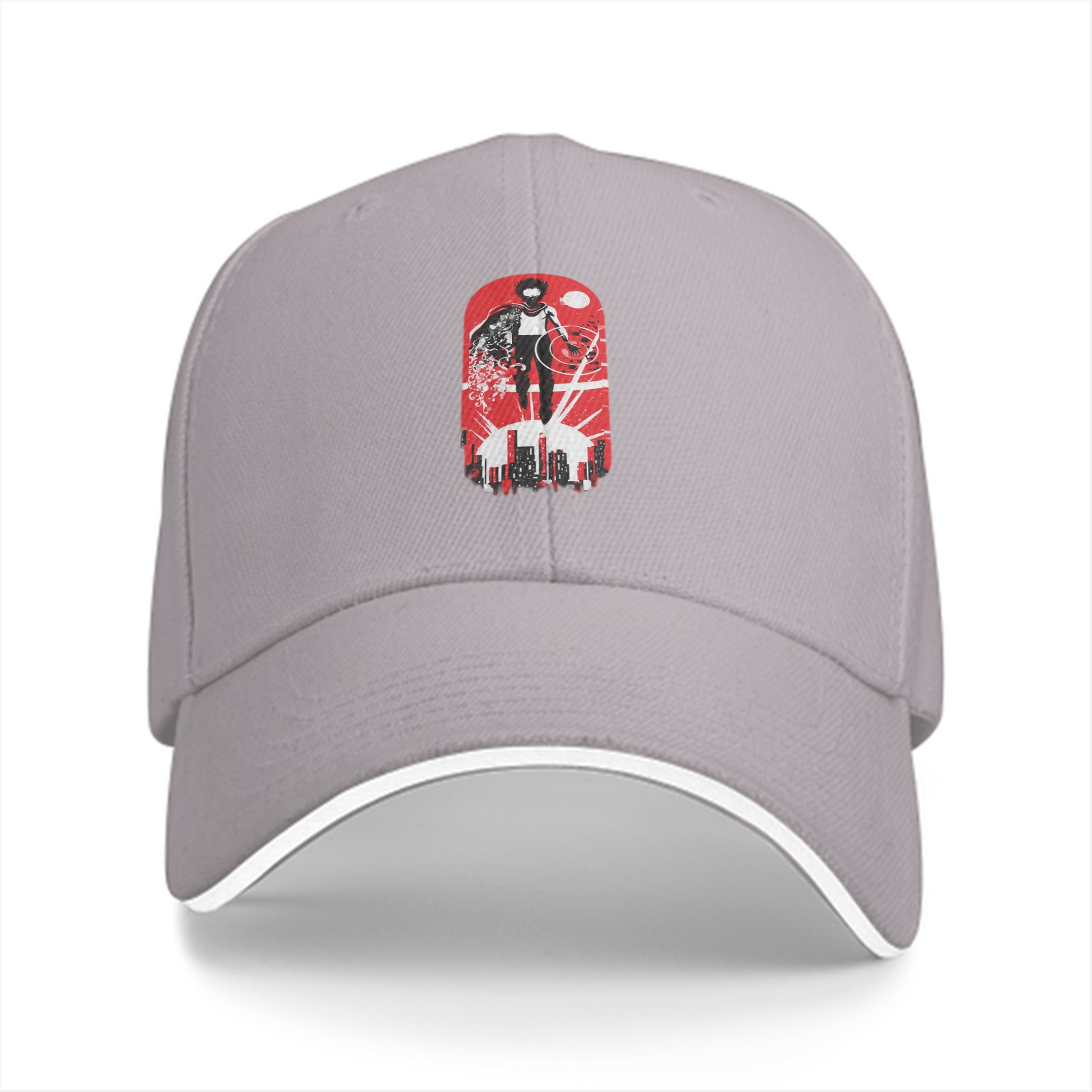 Black Baseball Cap with Superhero Cityscape Graphic Print