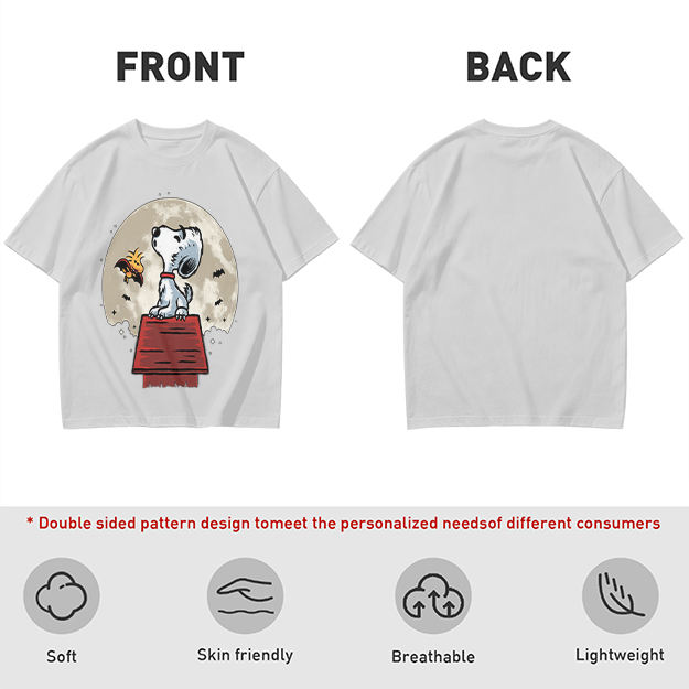 Snoopy and Woodstock on Doghouse Under Full Moon T-Shirt