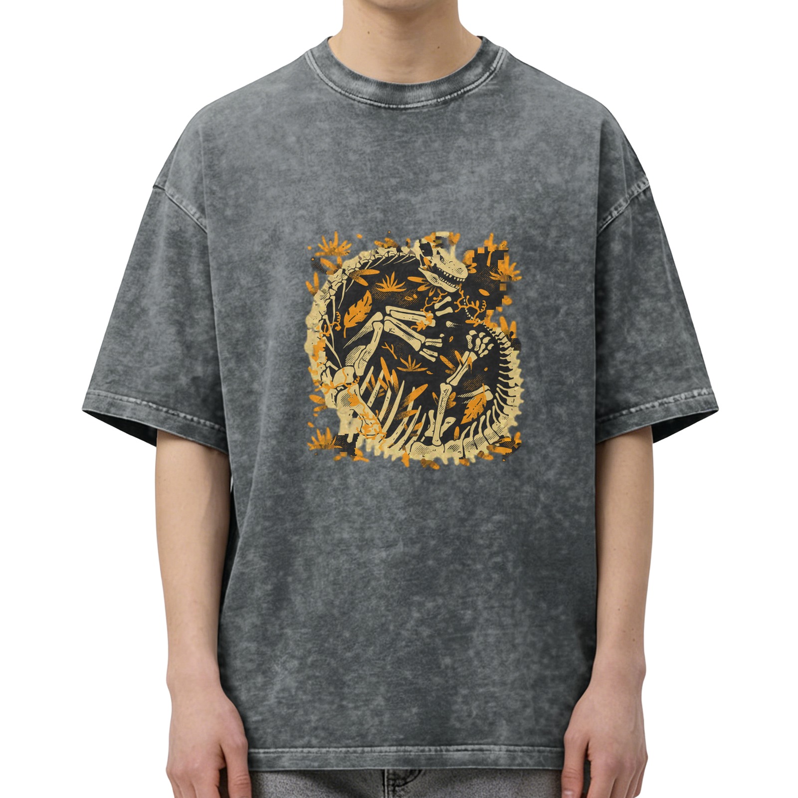 Oversized Acid Wash T-Shirt with Dinosaur Skeleton Fossil Print