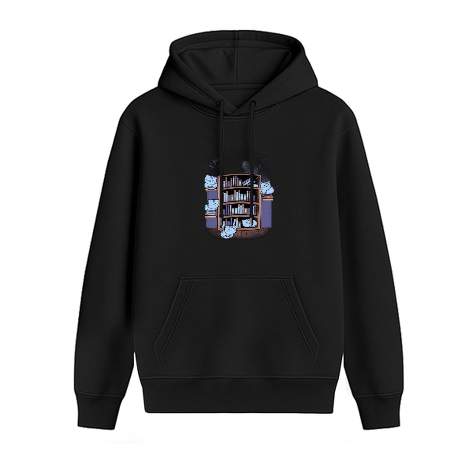 Black Hoodie With Cute Cats On Bookshelf Graphic Print
