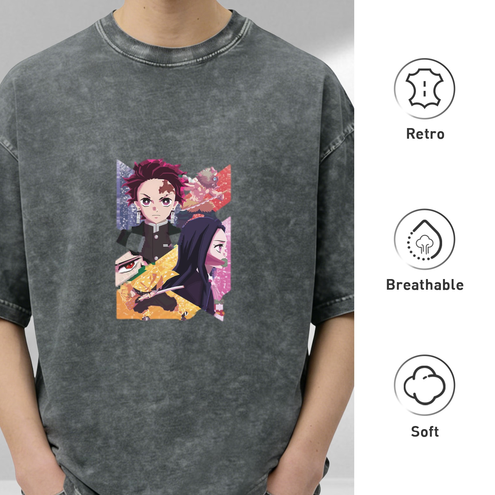 Anime Demon Slayer Tanjiro Nezuko Zenitsu Graphic Oversized Acid Wash T-Shirt for Men