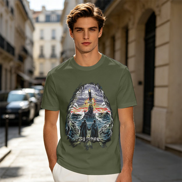 Olive Green T-Shirt with Lord of the Rings Mordor Landscape Print