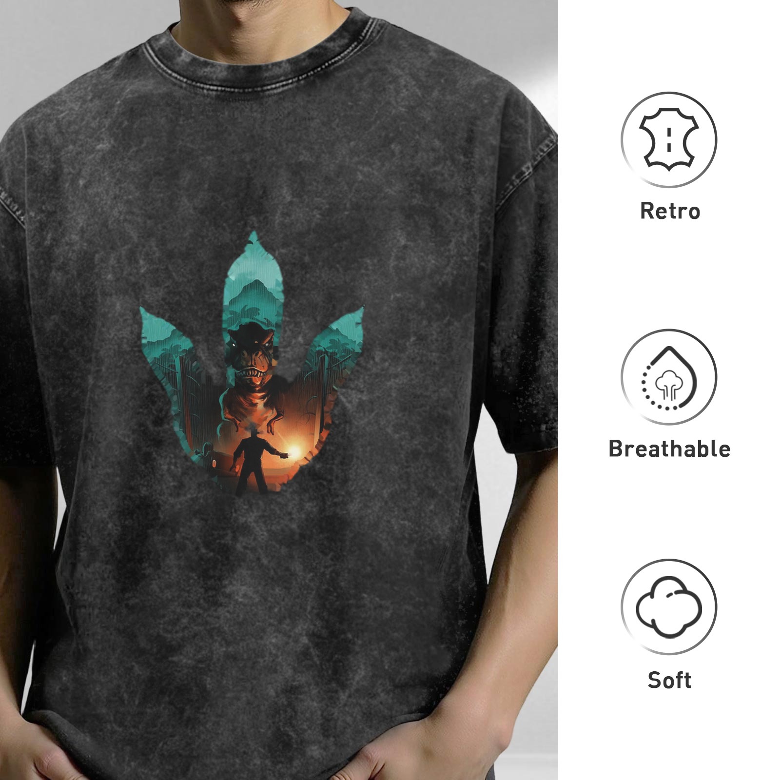 Distressed washed black dinosaur paw print short-sleeved T-shirt