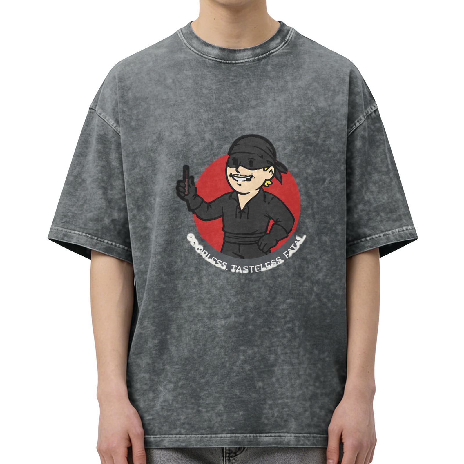 Washed black t-shirt with masked swordsman graphic and funny text