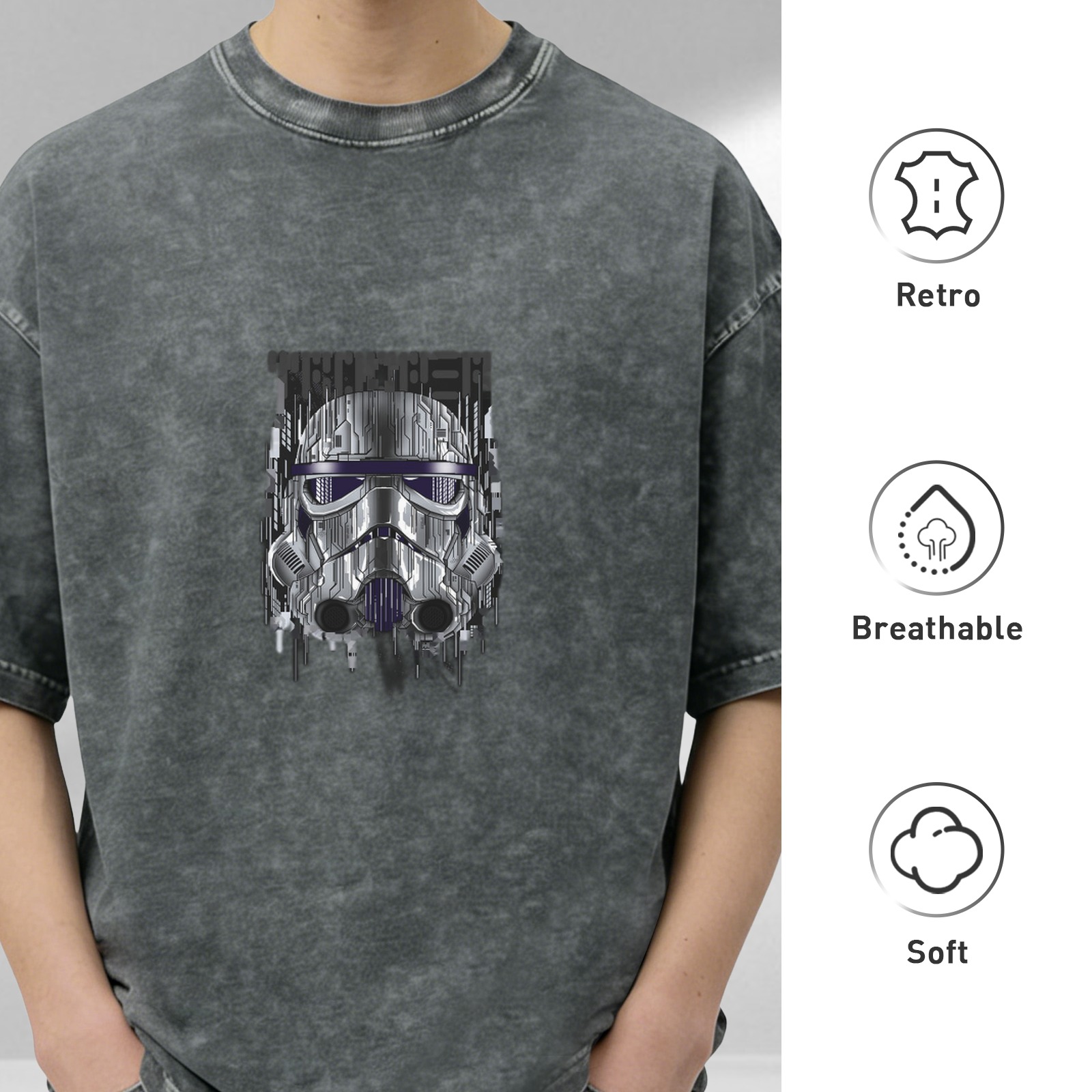 Washed Black Oversized T-Shirt with Cyber Stormtrooper Helmet Graphic