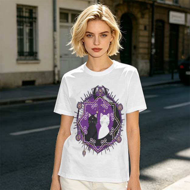 Olive T-Shirt With Celestial Black And White Cat Graphic