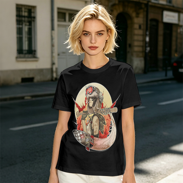 Olive T-Shirt with Retro Military Pilot Girl Graphic Print