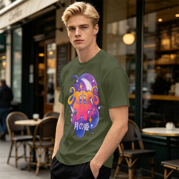 Olive t-shirt with cosmic cat and moon graphic print