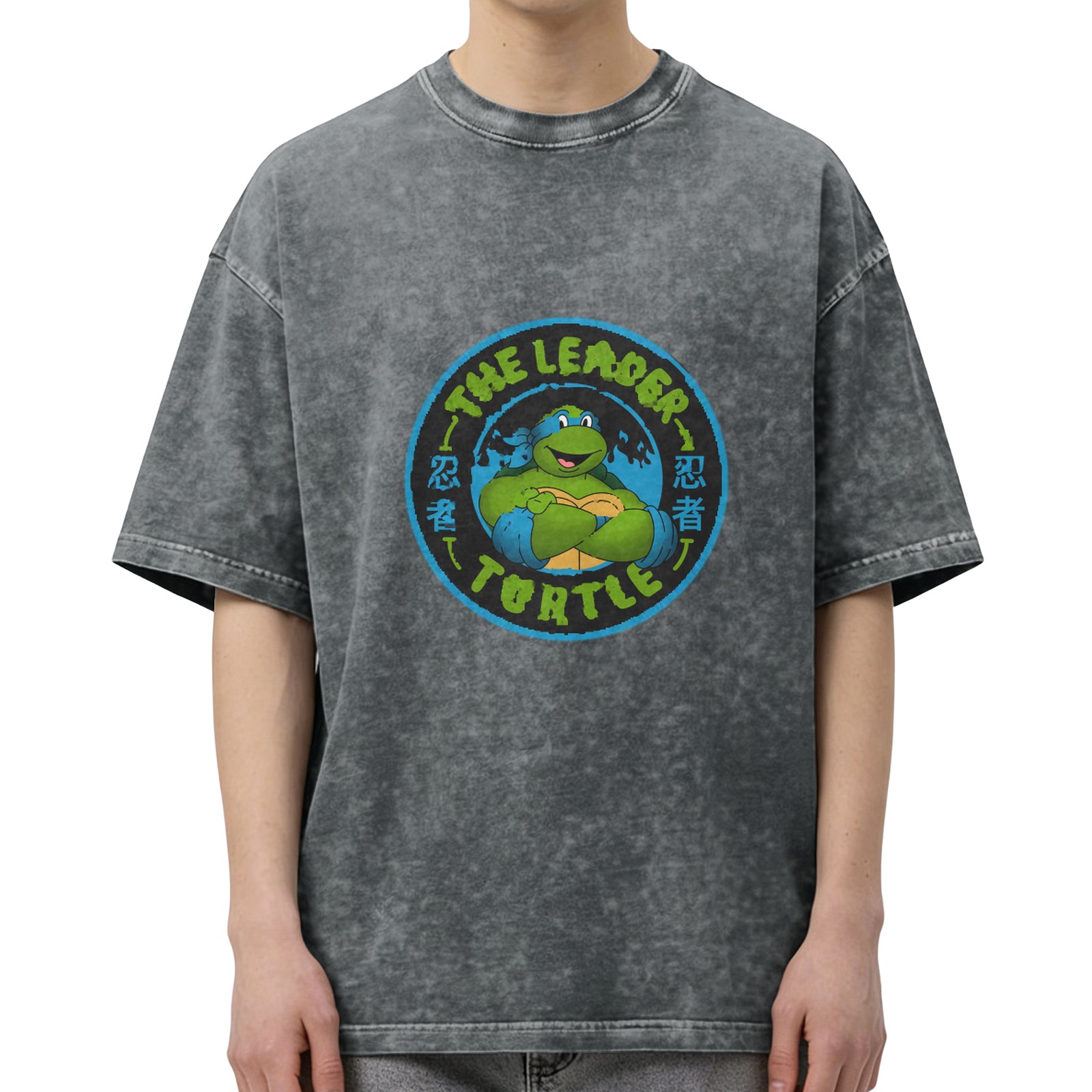 Washed black t-shirt with Teenage Mutant Ninja Turtles leader graphic