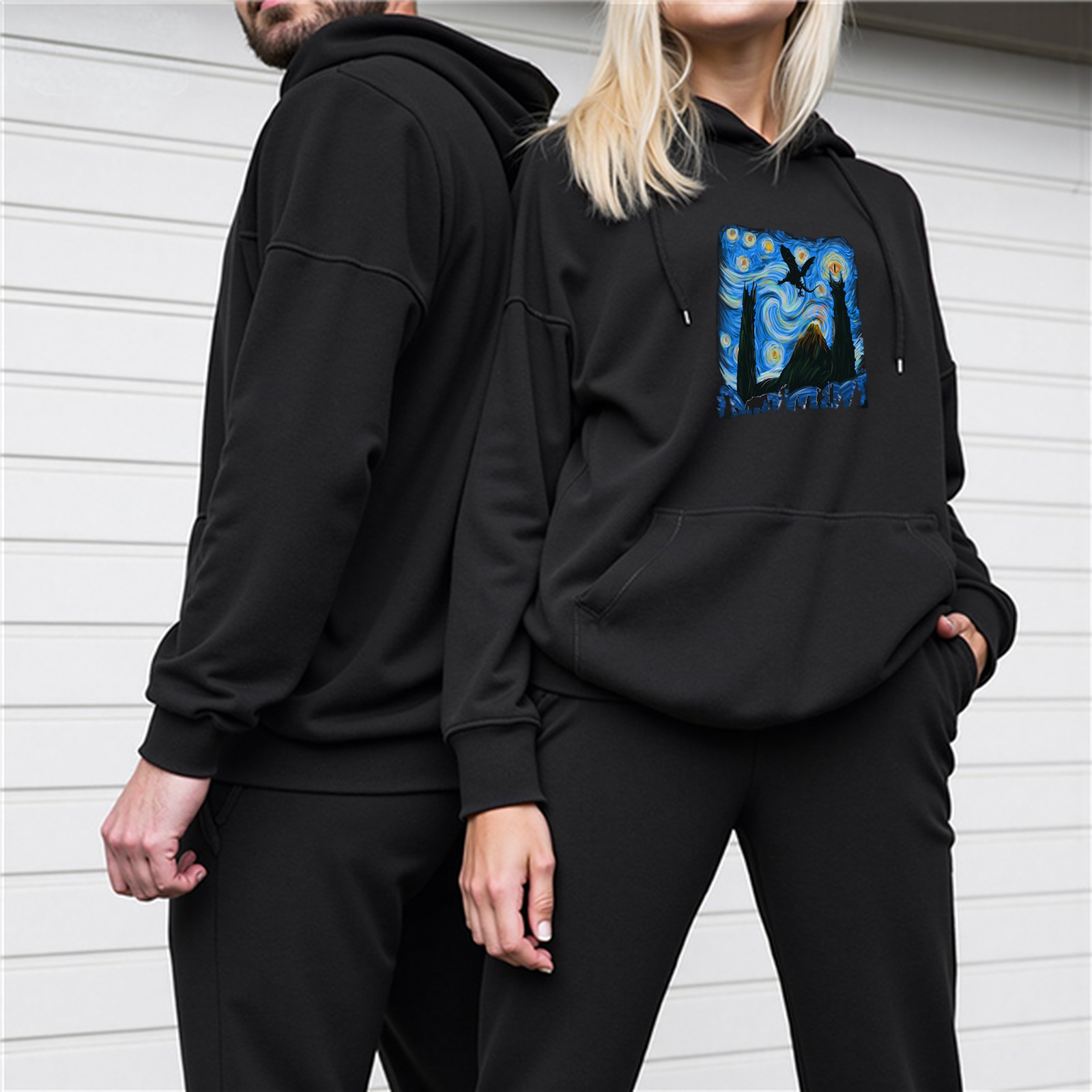 Black hoodie with Starry Night style fantasy landscape print