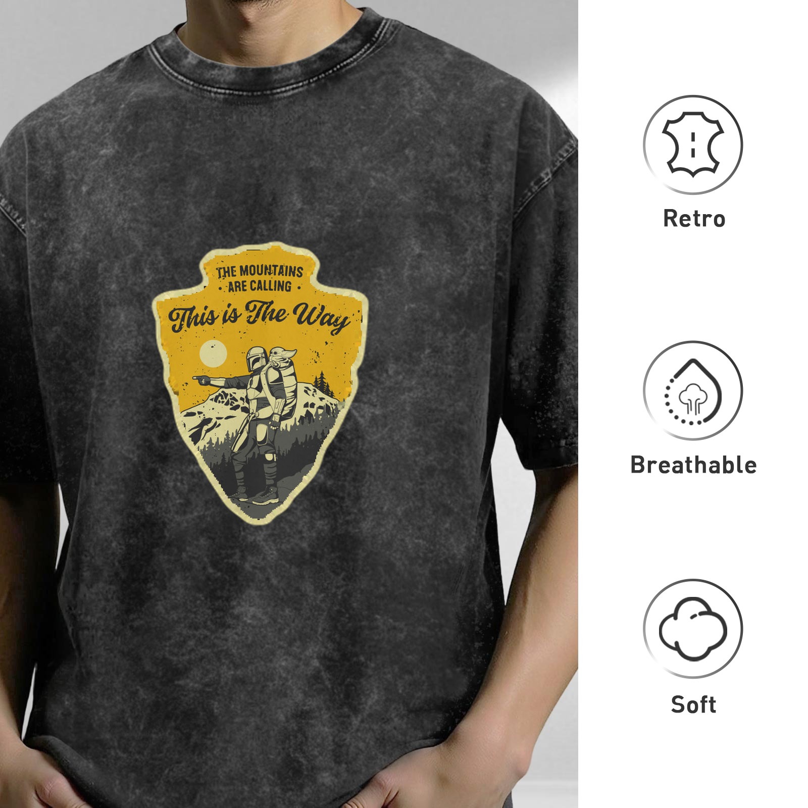 Distressed washed black short-sleeved T-shirt Mandalorian themed outdoor mountaineering print Loose round neck top