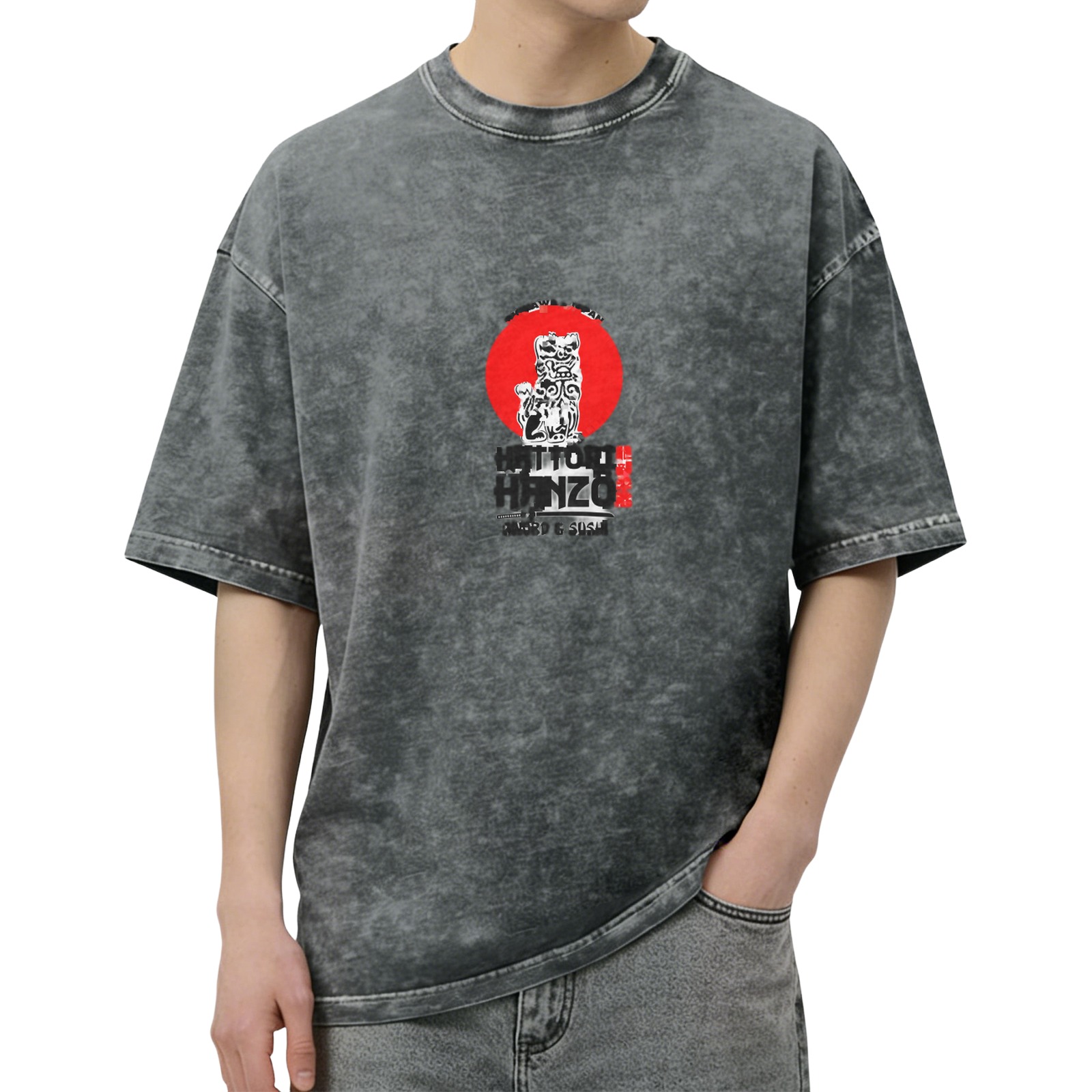 Washed black graphic t-shirt with guardian lion and red sun design