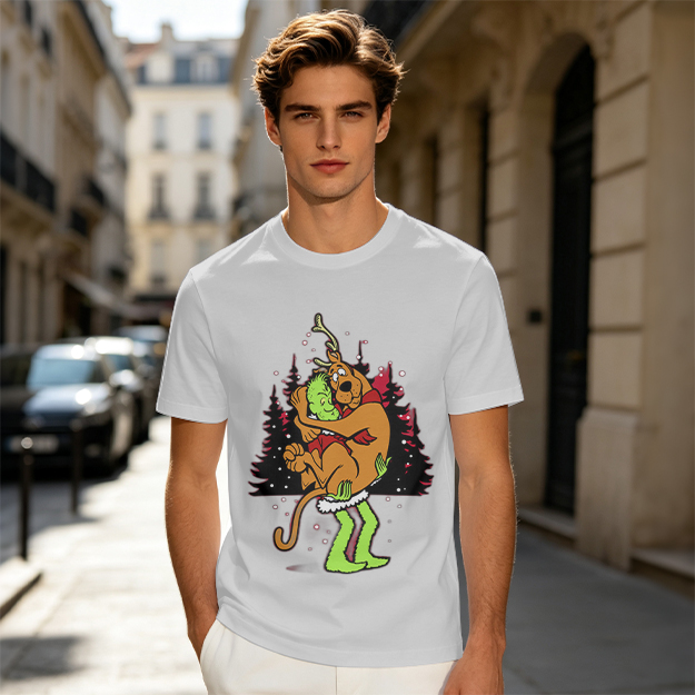 Olive Christmas T-Shirt Featuring Scooby-Doo Hugging The Grinch