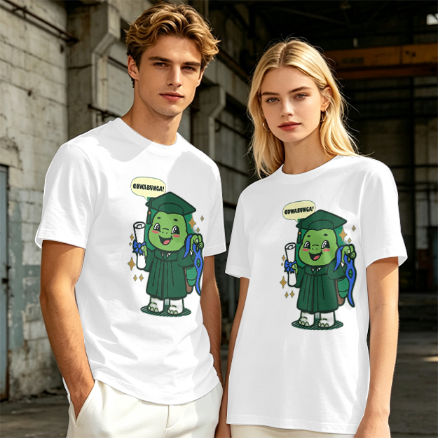 Olive T-shirt with Graduation Turtle Saying Cowabunga