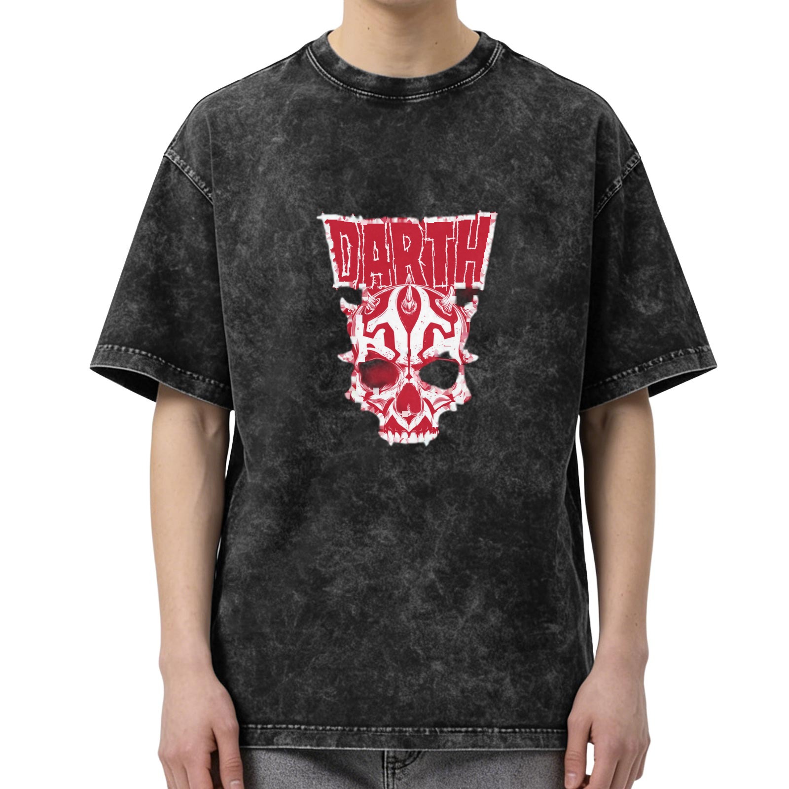 Darth Maul Skull Graphic Black Acid Wash T-Shirt