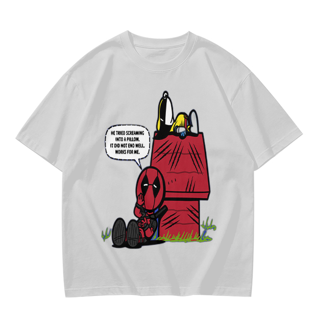 Olive t-shirt with Deadpool and Snoopy mashup graphic