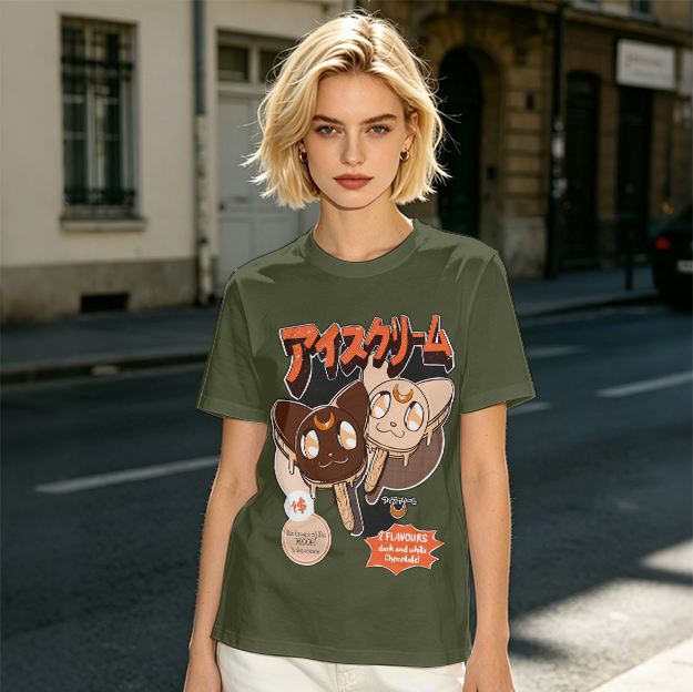 Olive T-shirt with cat ice cream popsicle graphic print