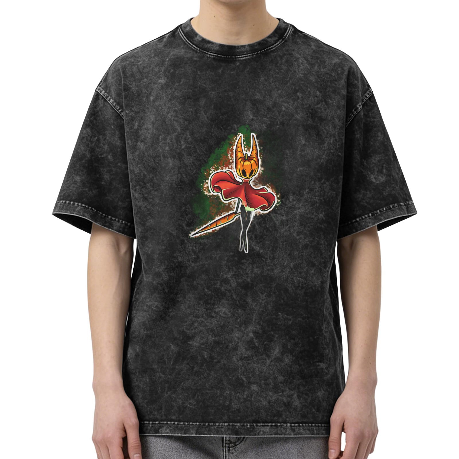Washed Black T-Shirt with Pumpkin Horned Character Graphic