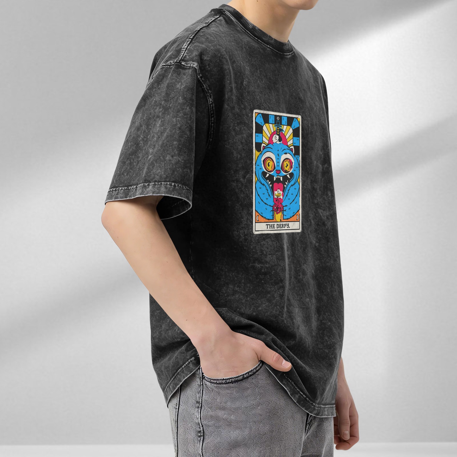 Distressed washed black loose short-sleeved T-shirt Fun tarot card style blue monster print top