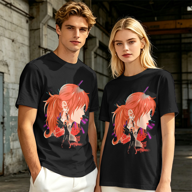 Olive T-Shirt with Anime Red-Haired Girl Profile Art Print