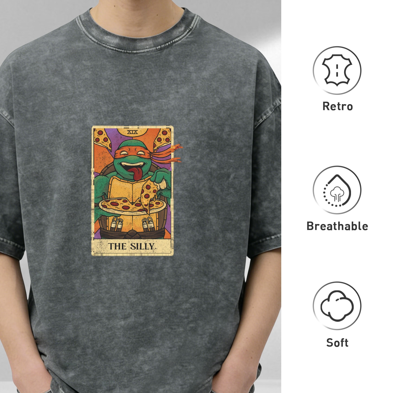 Washed graphic t-shirt with Teenage Mutant Ninja Turtle pizza tarot print