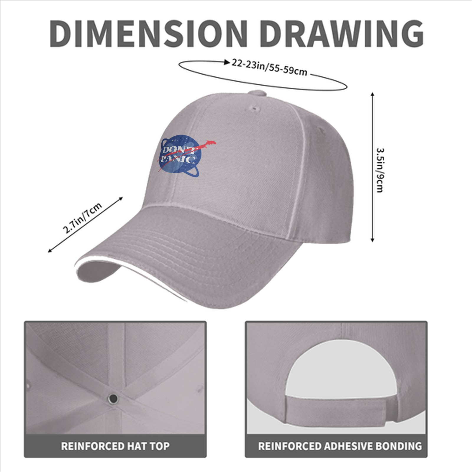 Black baseball cap with Don't Panic NASA-style space graphic