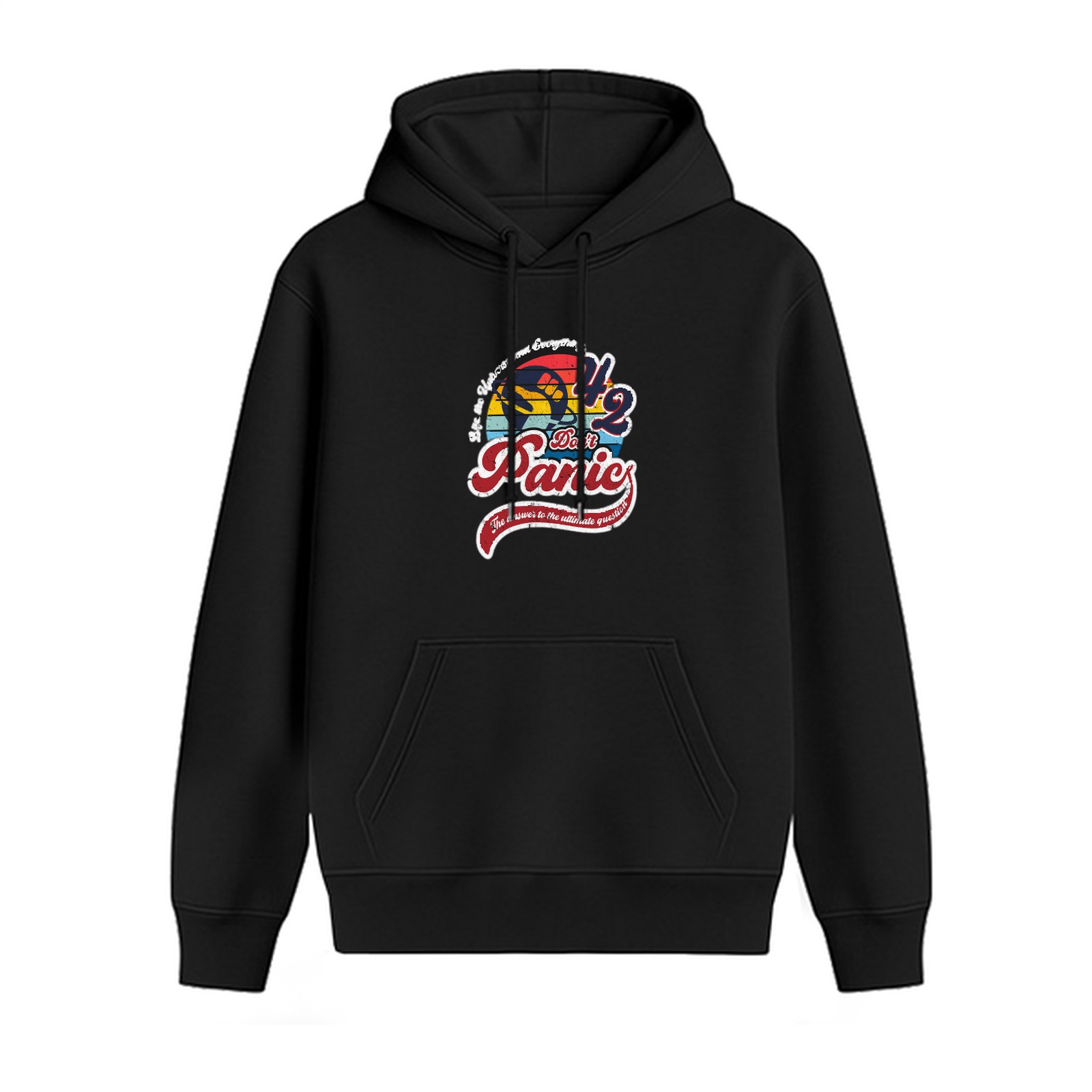 Black hoodie with Don't Panic 42 retro space graphic