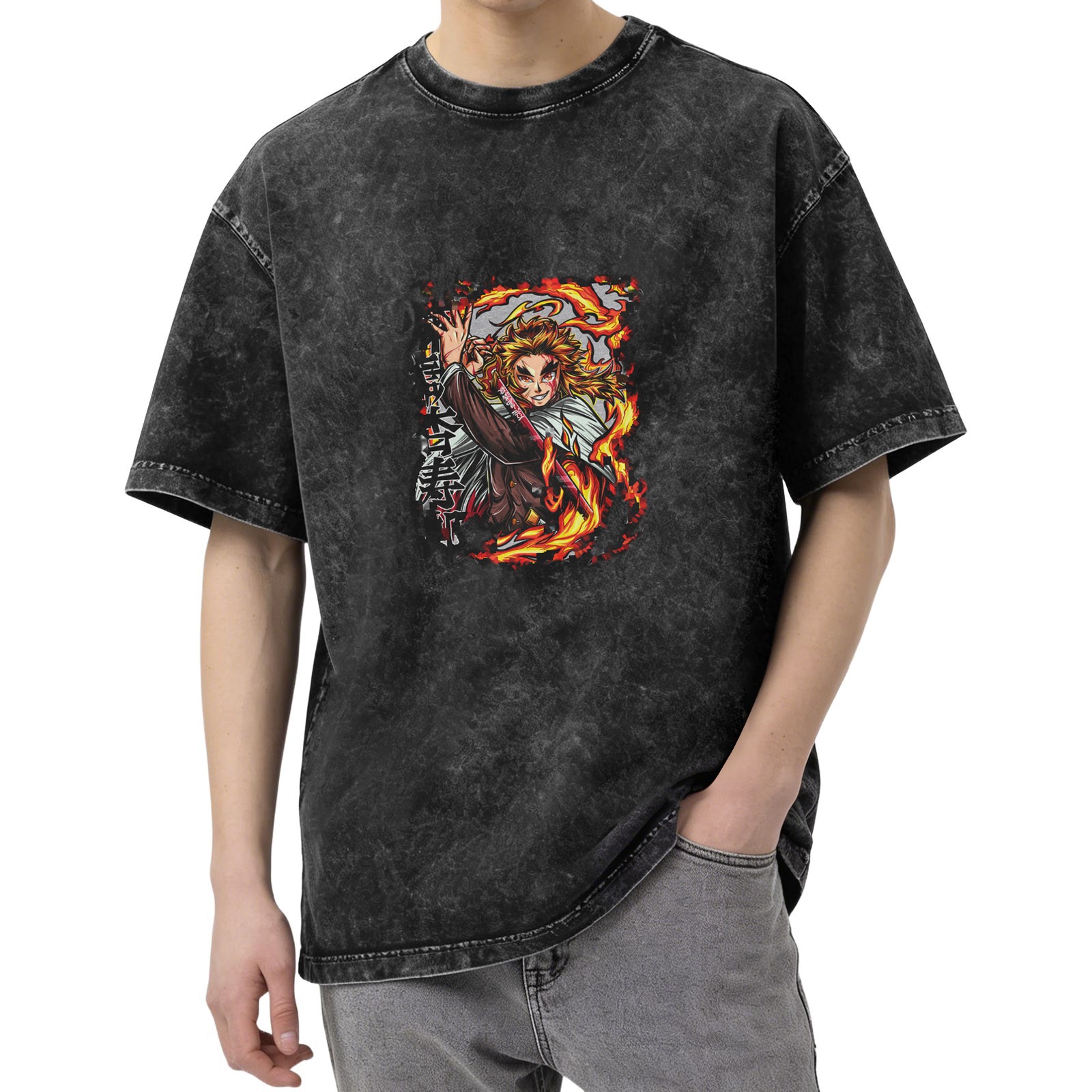 Demon Slayer: Kimetsu no Yaiba Purgatory Anjurou themed distressed washed short-sleeved T-shirt