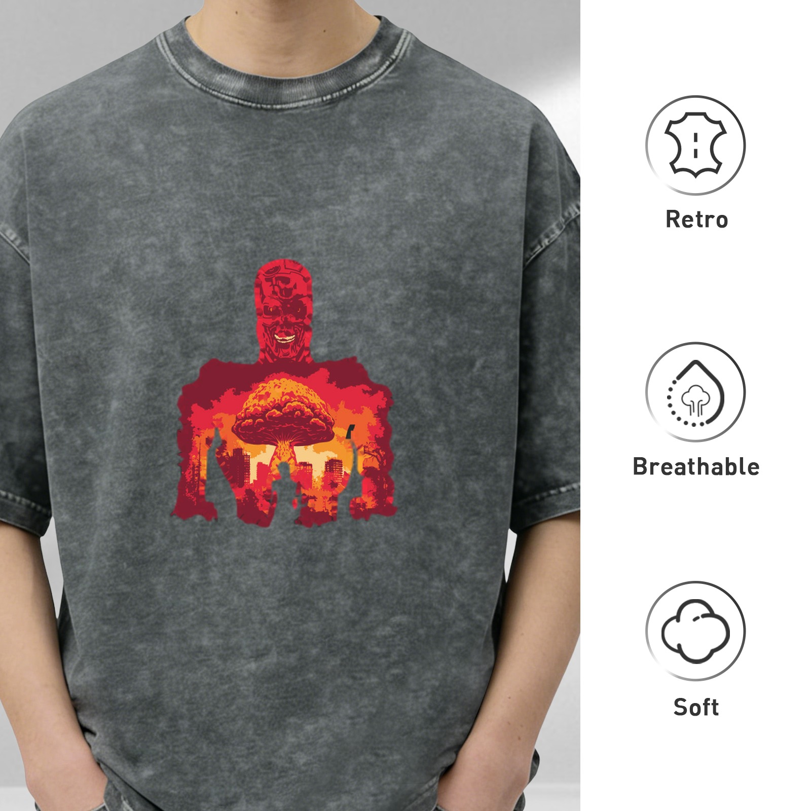 Oversized Acid Wash T-Shirt with Nuclear Explosion Skull Art