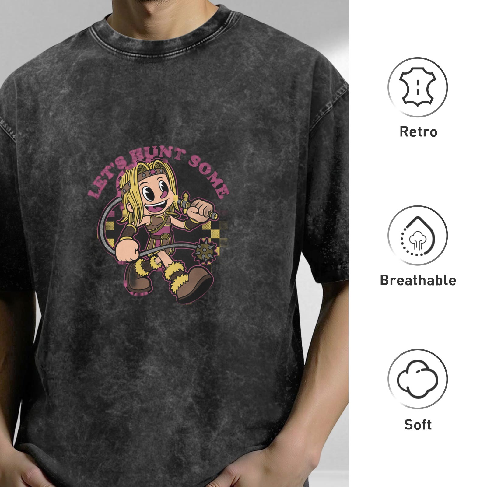 Washed black graphic t-shirt with cartoon warrior and 'LET'S HUNT SOME' text