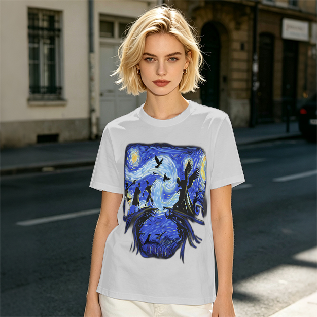 Olive T-Shirt with Starry Night Style Fantasy Art Print