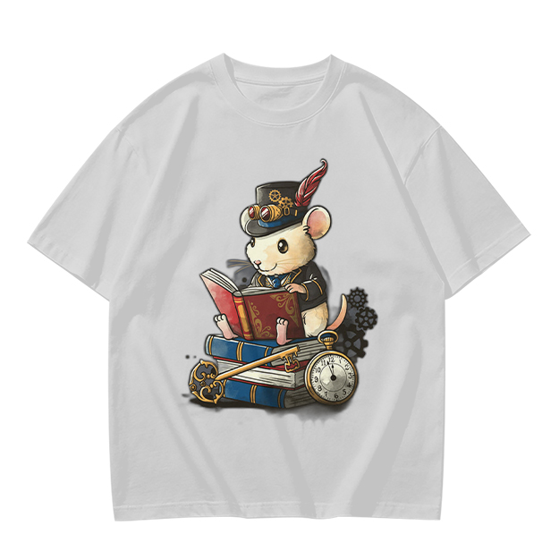 Steampunk mouse reading book graphic olive green t-shirt