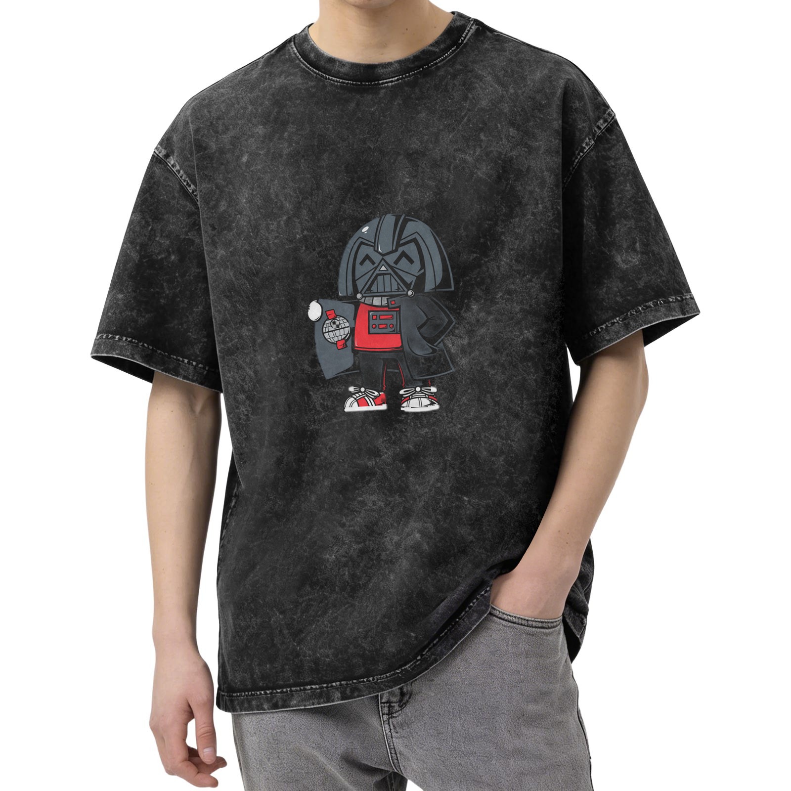 Oversized Dark Wash T-Shirt With Chibi Darth Vader Graphic