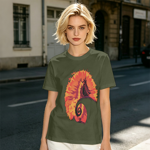 Olive T-Shirt With Fiery Spiral And Silhouette Figure Print