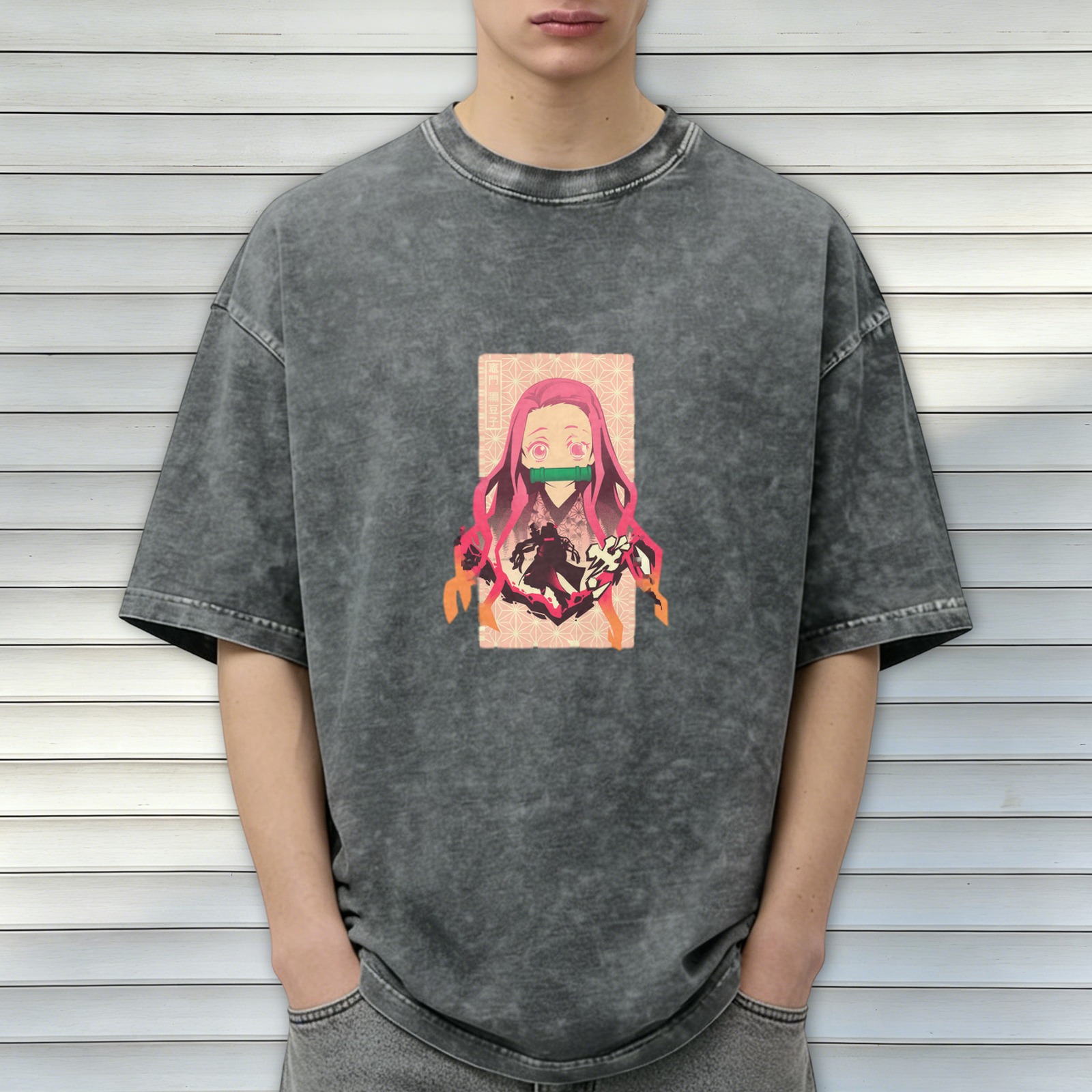Demon Slayer: Kimetsu no Yaiba Nezuko themed distressed washed black short-sleeved T-shirt anime peripheral loose casual top