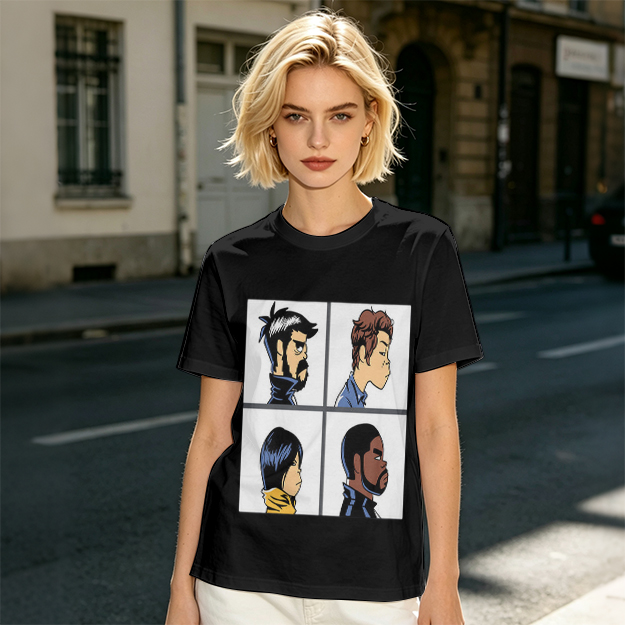 Olive T-Shirt With Four Cartoon Character Profile Portraits