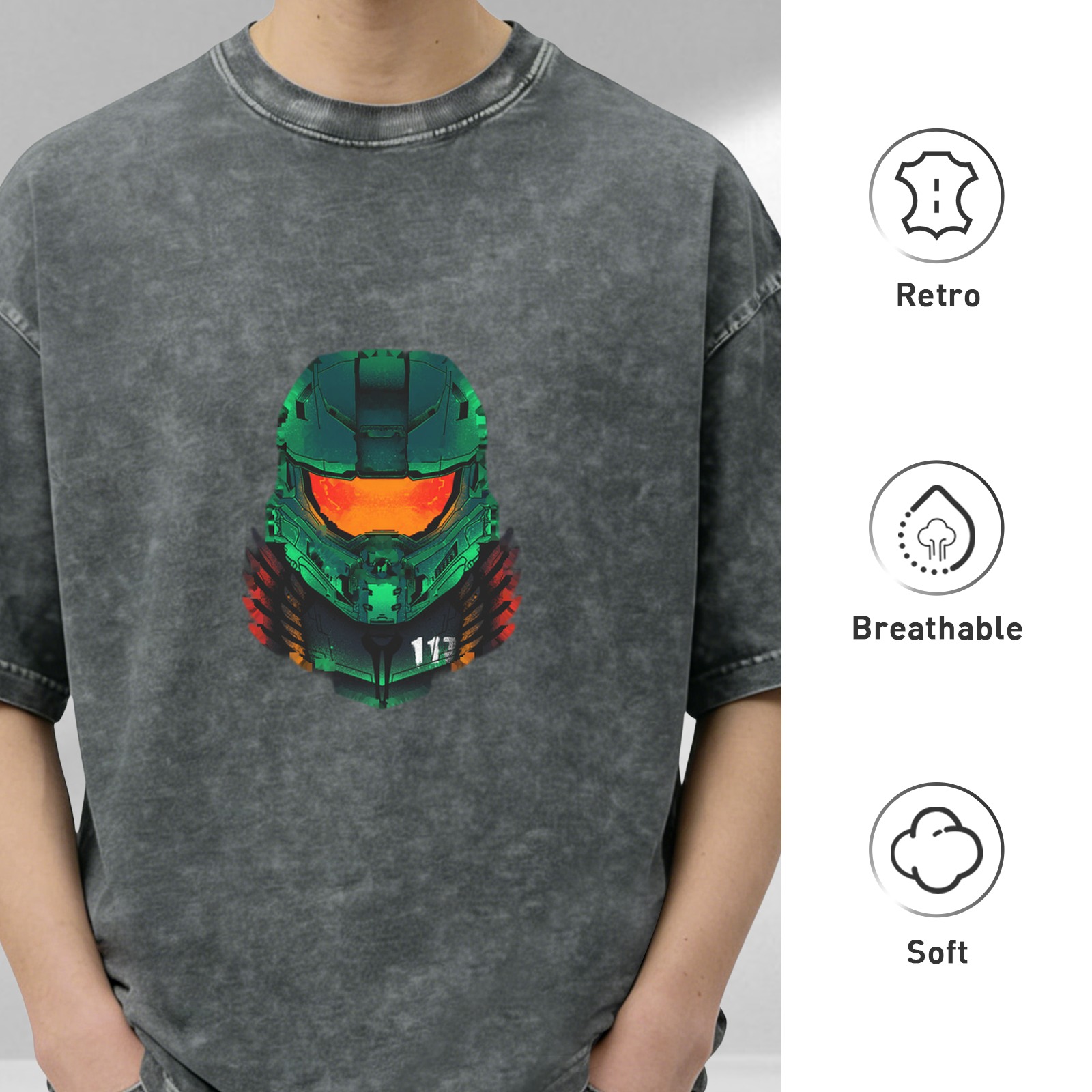 Oversized Stonewashed T-Shirt With Master Chief Helmet Graphic