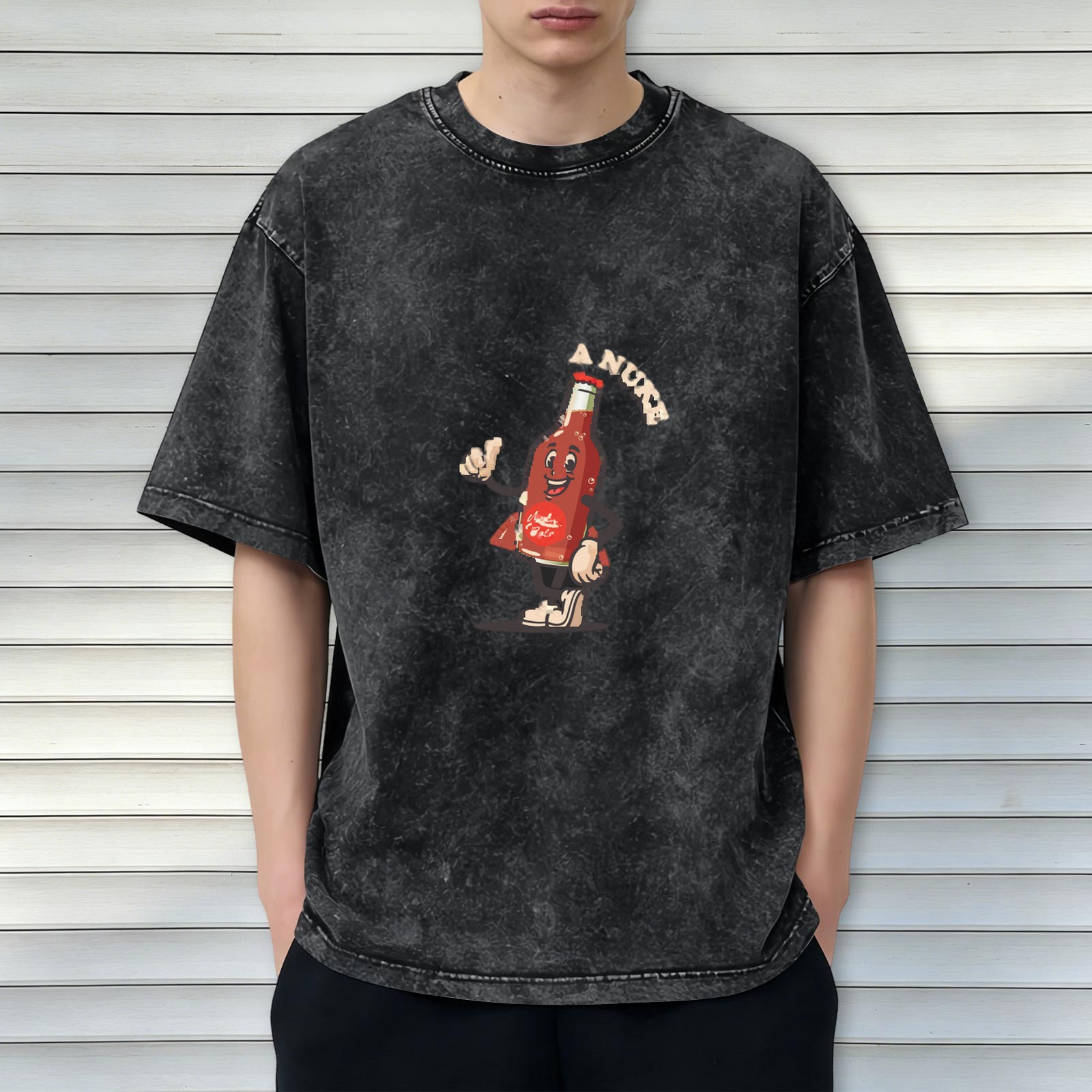 Oversized Acid Wash T-Shirt With Retro Hot Sauce Bottle Graphic
