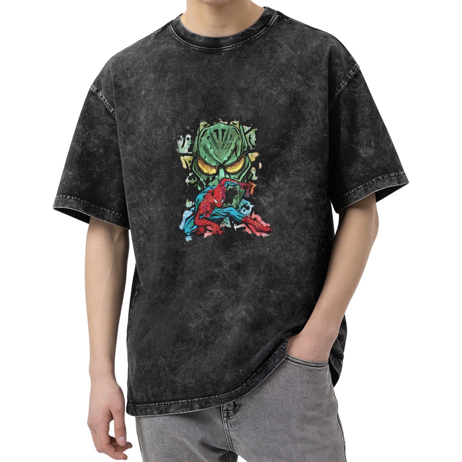 Oversized Acid Wash T-Shirt with Spider-Man vs Green Goblin Art