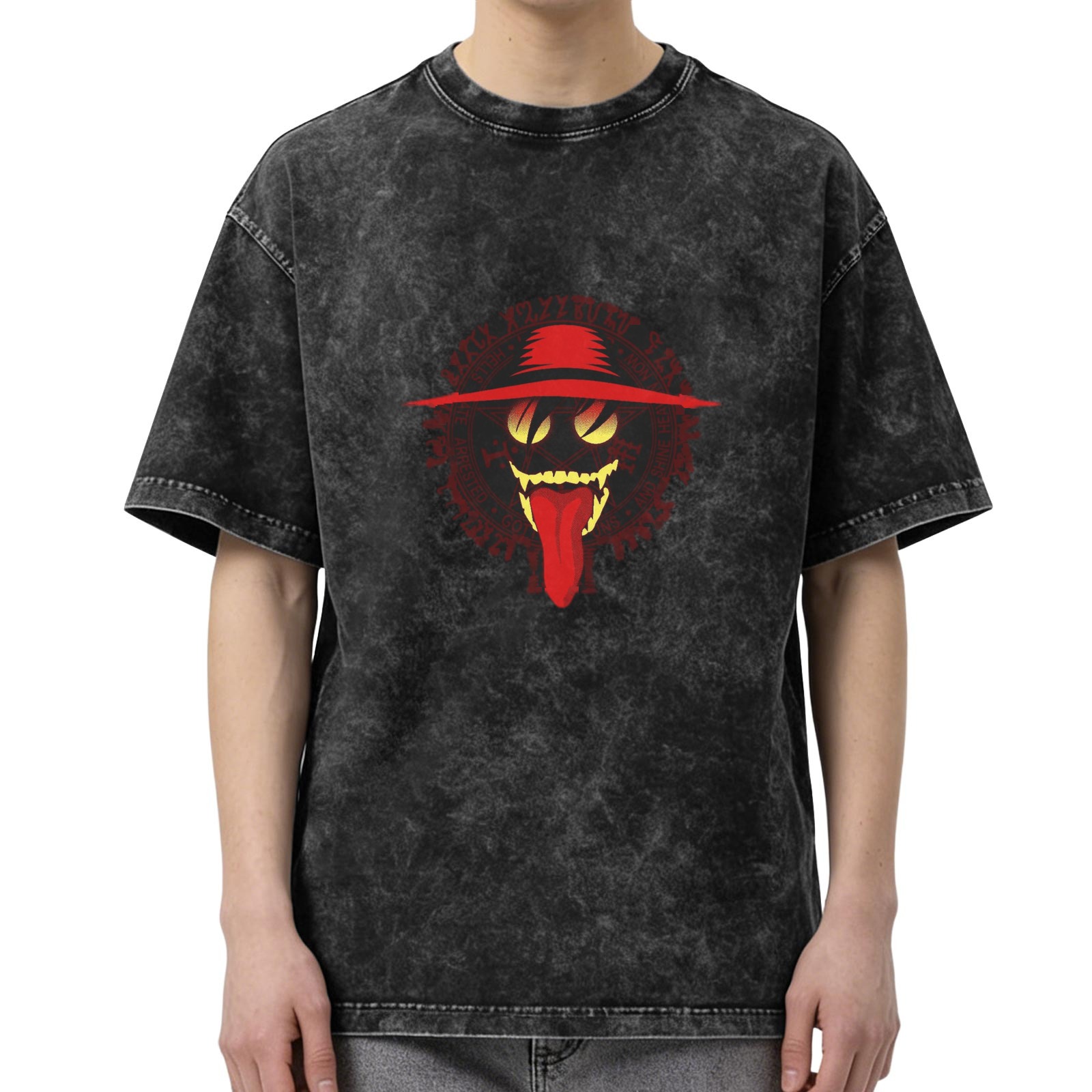 oversized acid wash t-shirt with horror monster graphic print