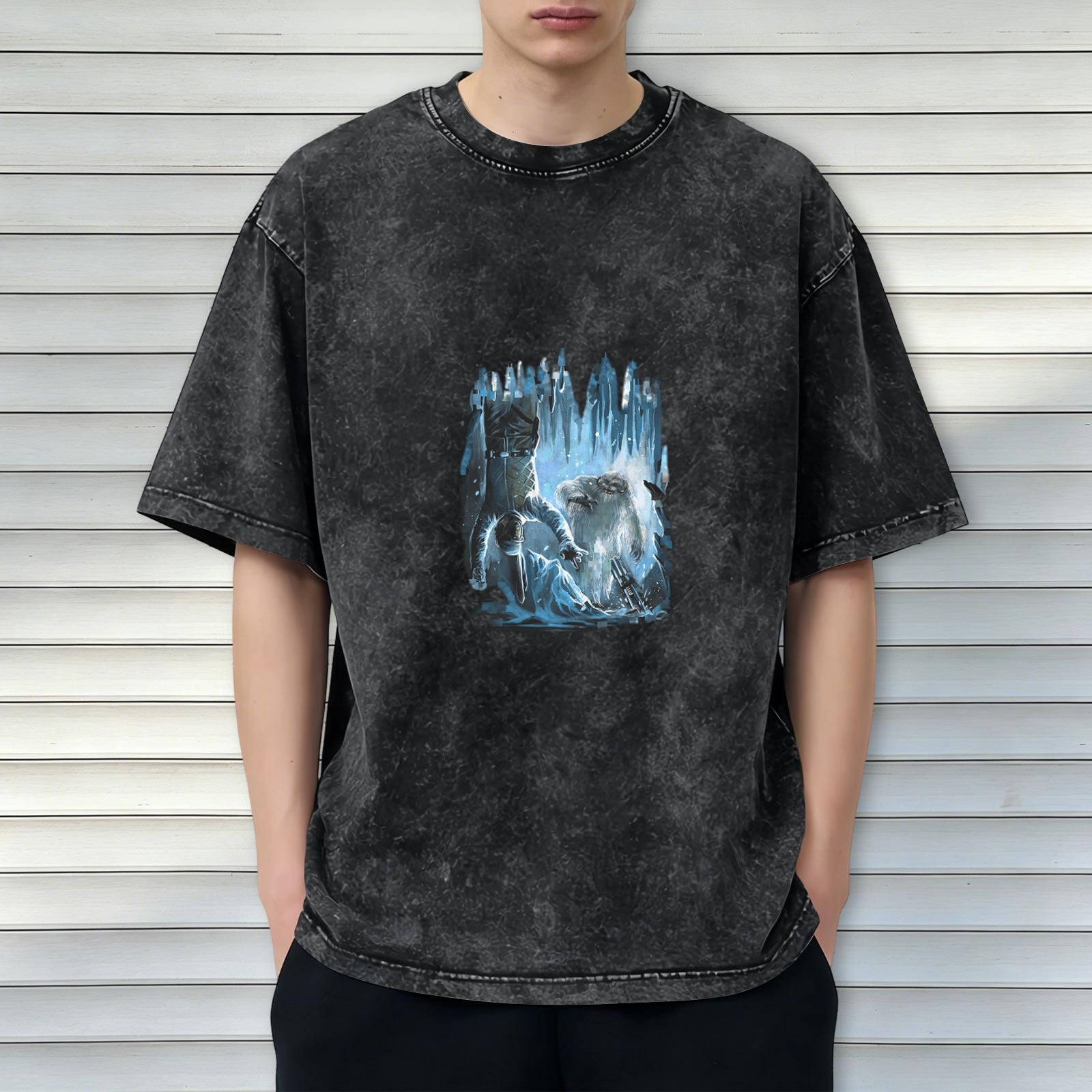 Oversized Acid Wash T-Shirt With Ice Fantasy Graphic Print