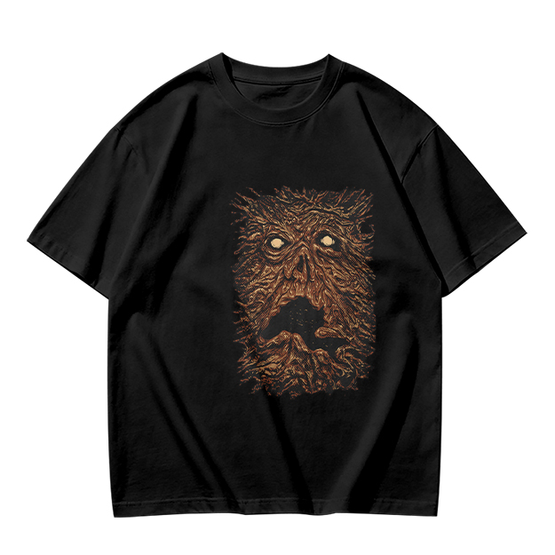 Olive Green T-Shirt with Spooky Tree Monster Face Print