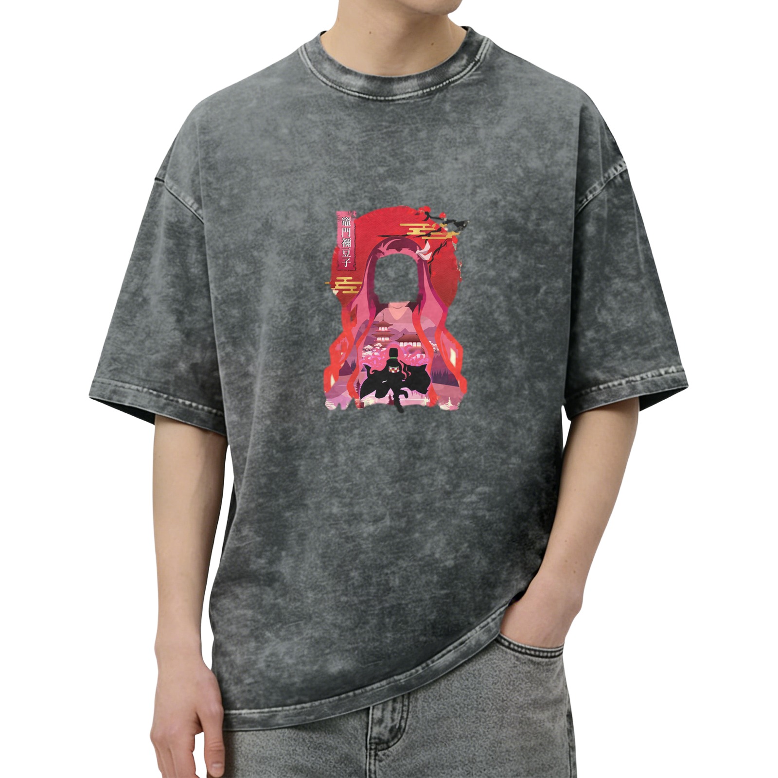 Washed Black Anime Graphic T-Shirt with Japanese Art Design