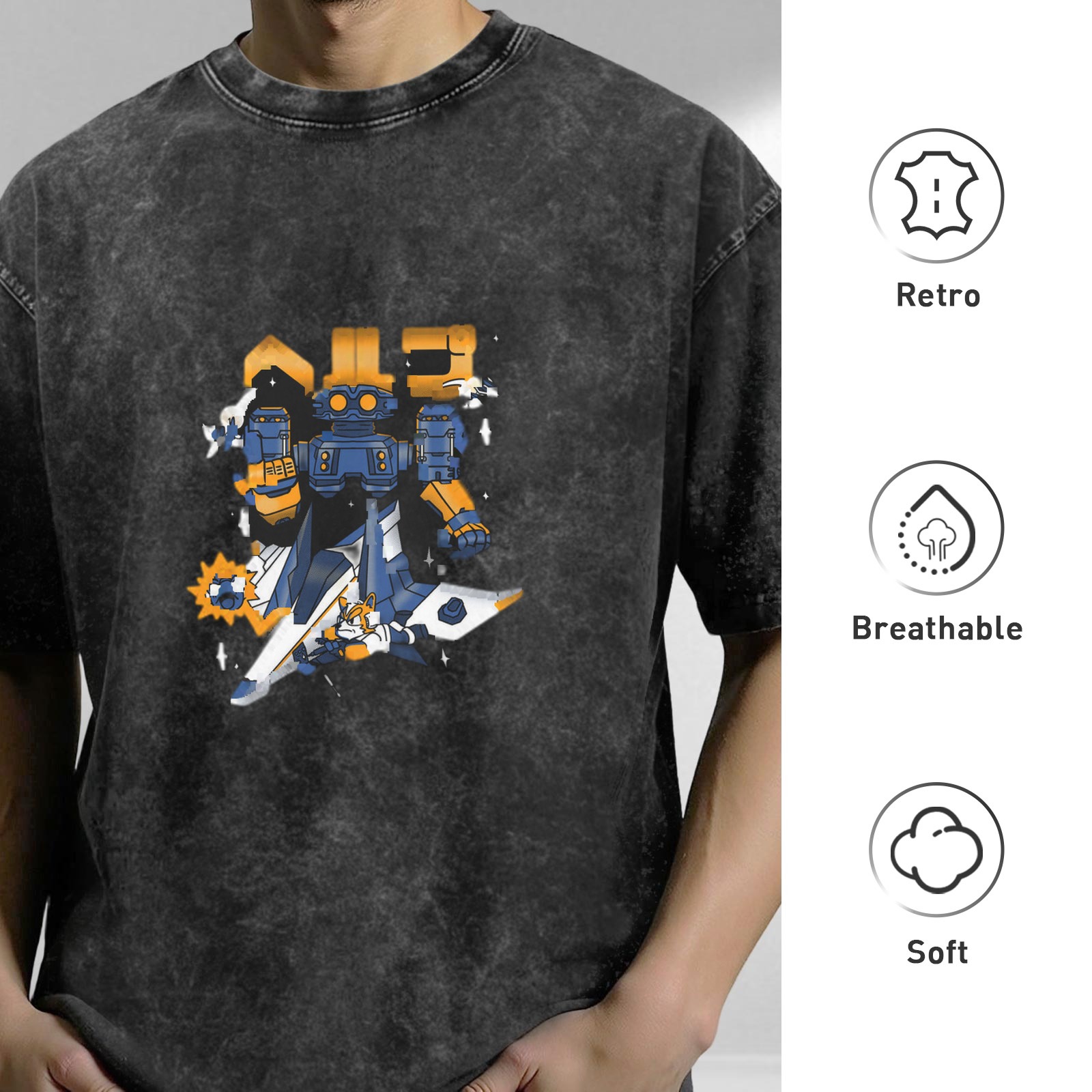 Oversized Black Stone Wash T-Shirt with Robot Graphic Print