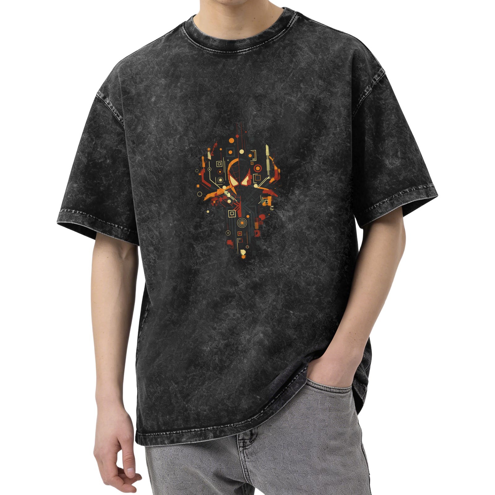 Washed Black Oversized T-Shirt With Cyber Spider Graphic