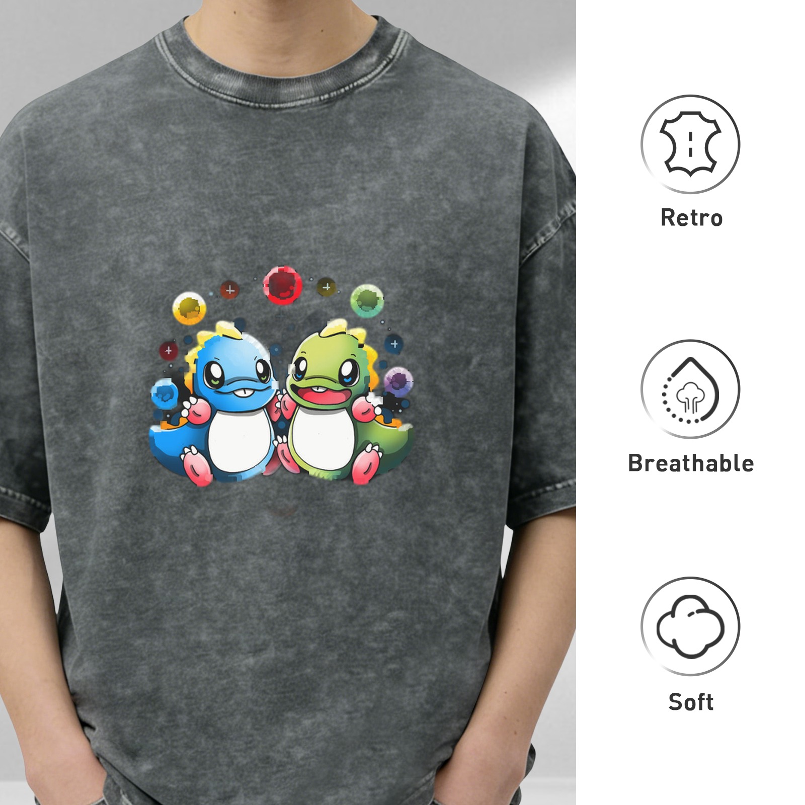 Washed black graphic t-shirt with cute cartoon dinosaurs and colorful bubbles
